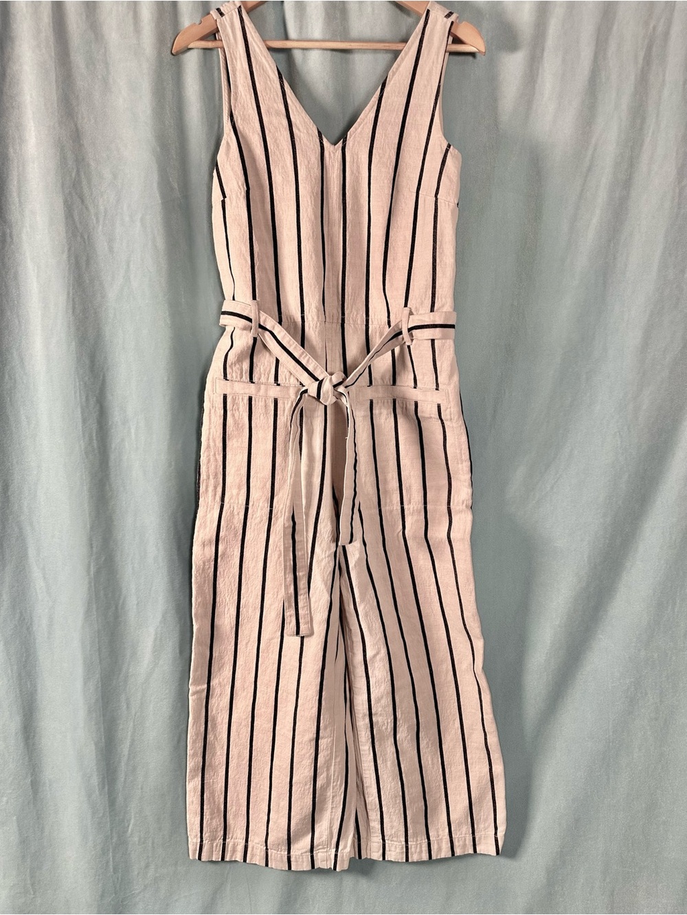Madewell Cream and Navy Blue Striped Linen Blend Wide-Leg Jumpsuit